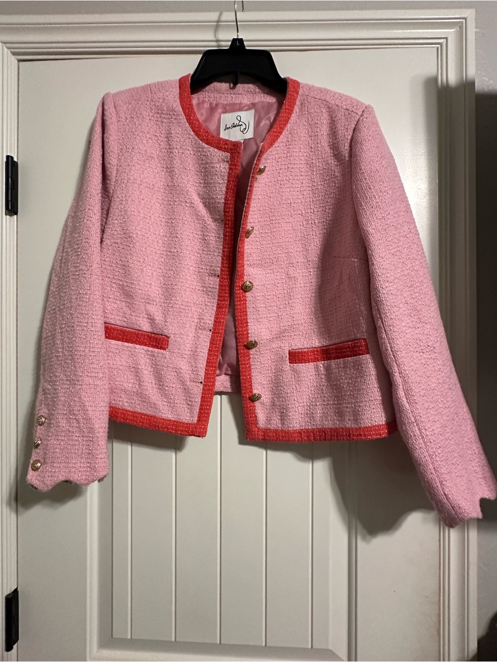 Sam Edelman L Ramona Scalloped Cuff Cropped Jacket Blazer Pink Tweed Coral